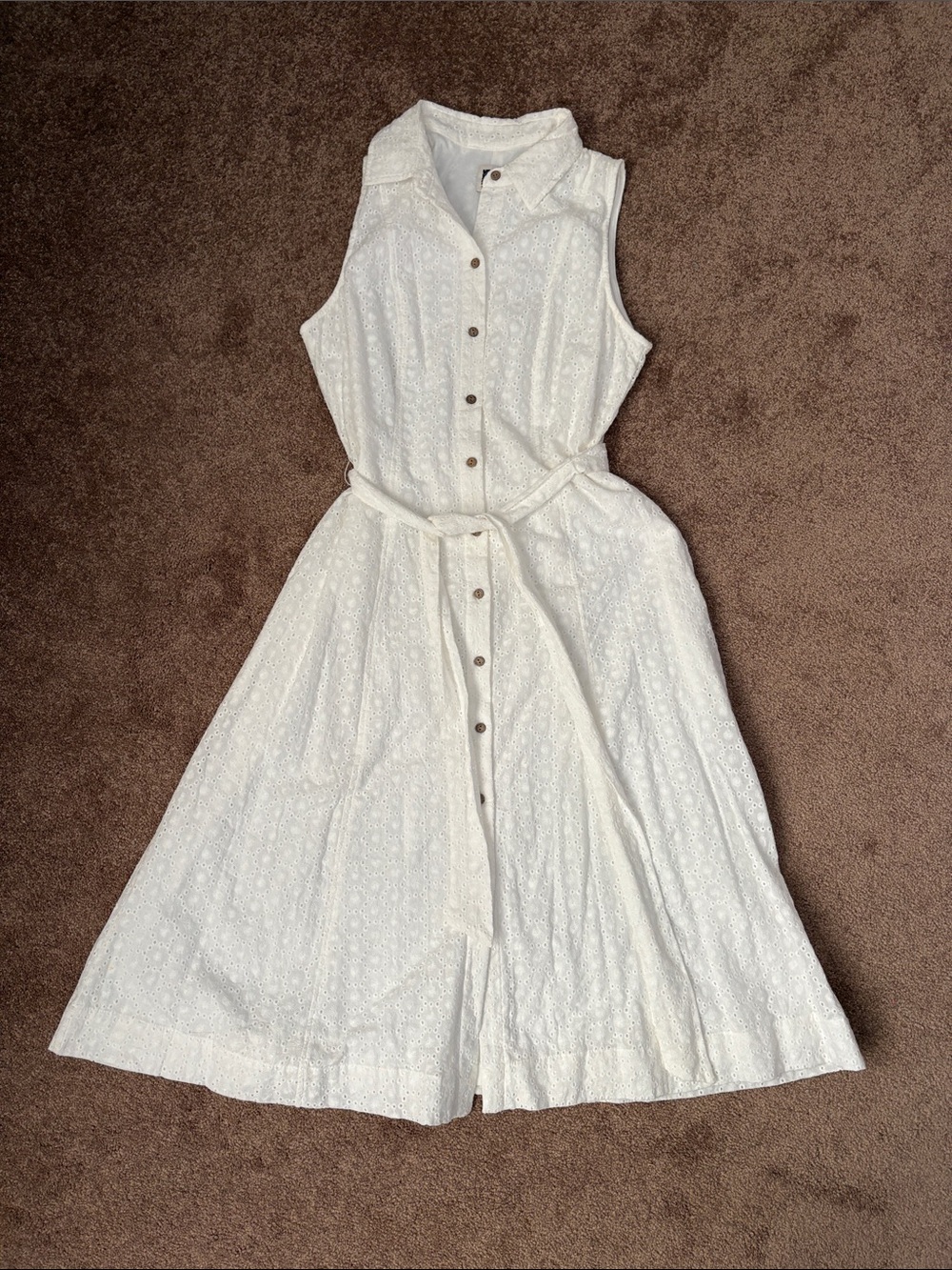 Anne Klein White Eyelet Sleeveless Button-Front Midi Dress with Tie